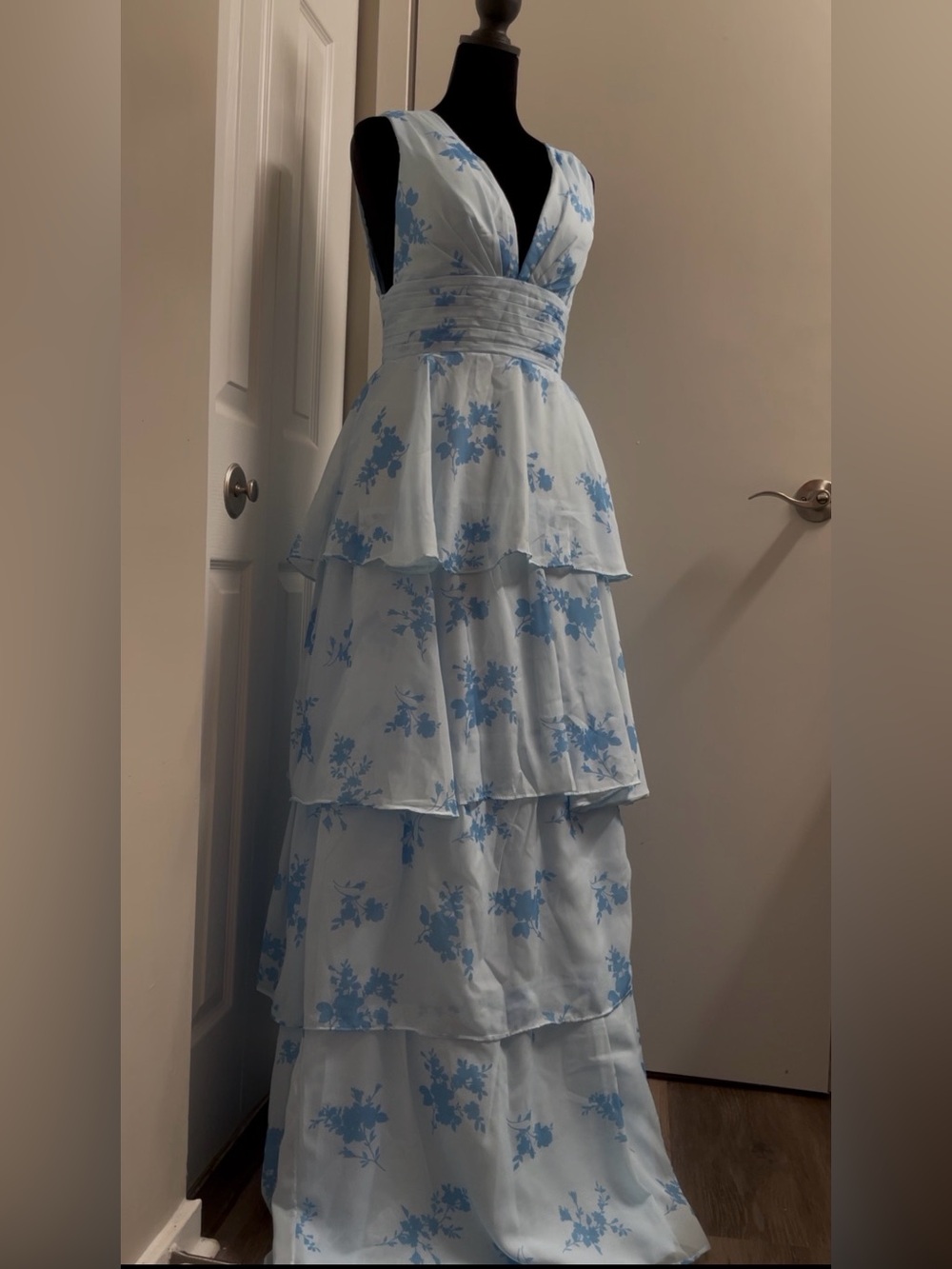 White and Blue Floral Tiered Maxi Dress with Deep V-Neck